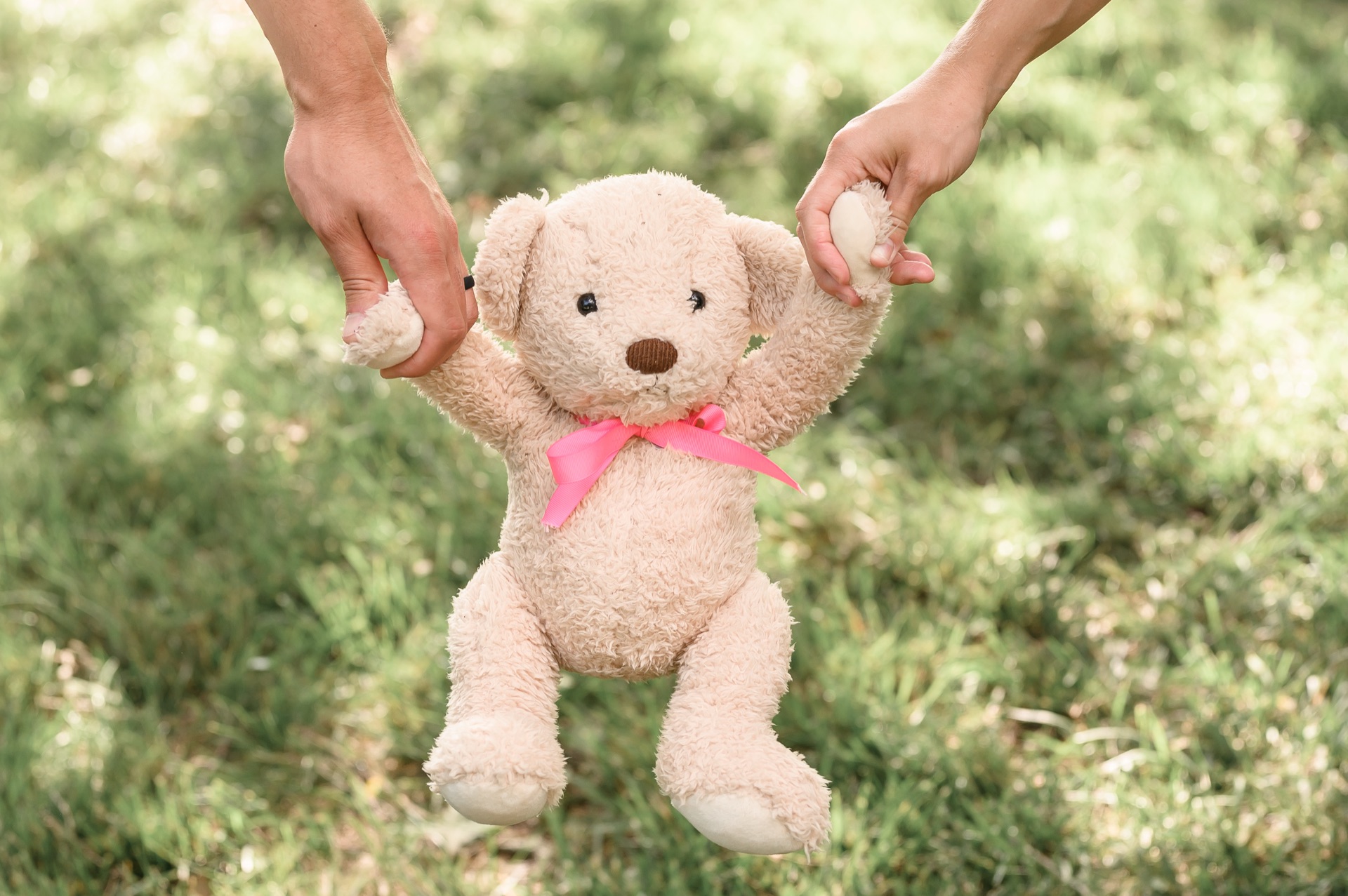 Hands holding a remembrance teddy bear