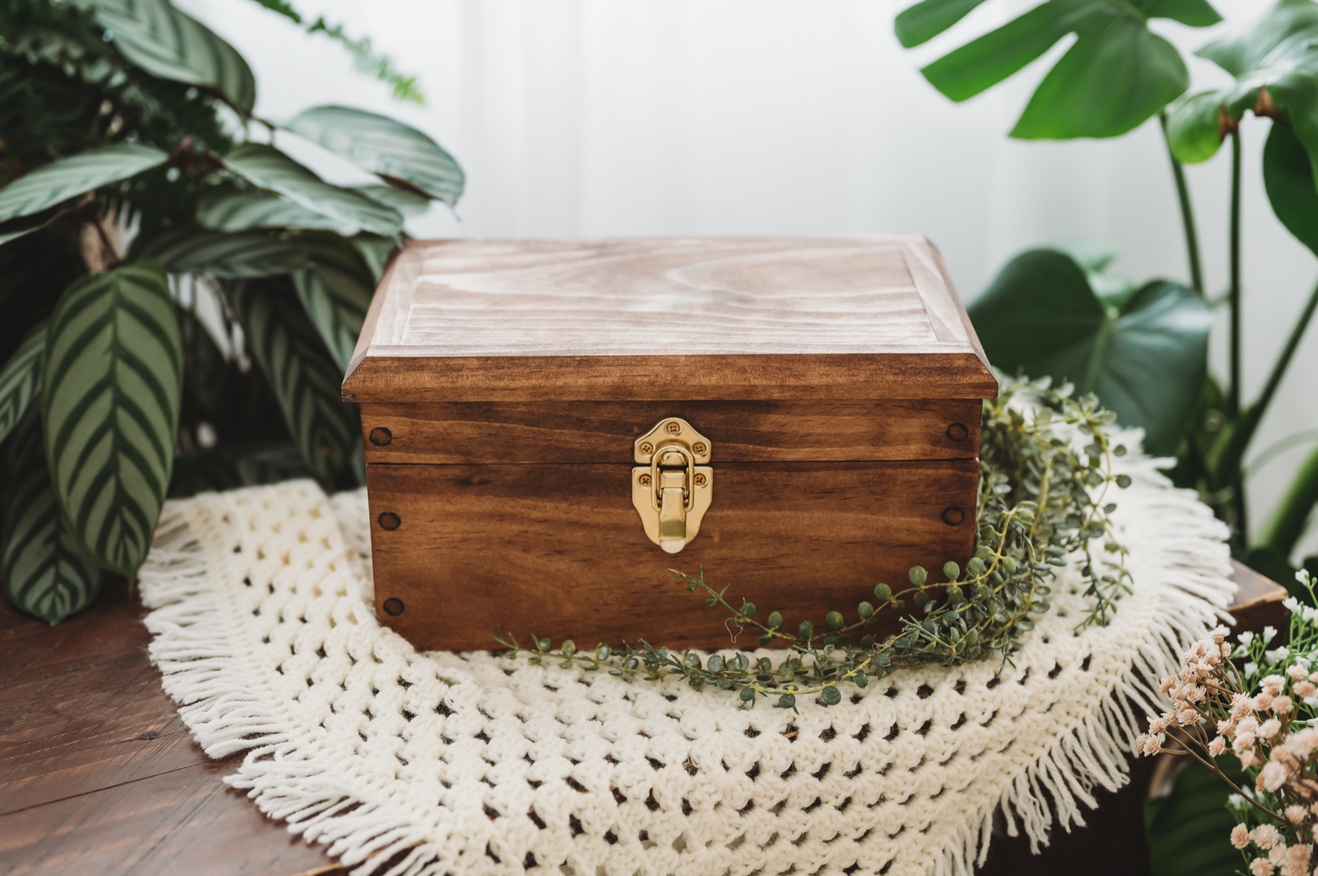 Handcrafted wooden casket on a table