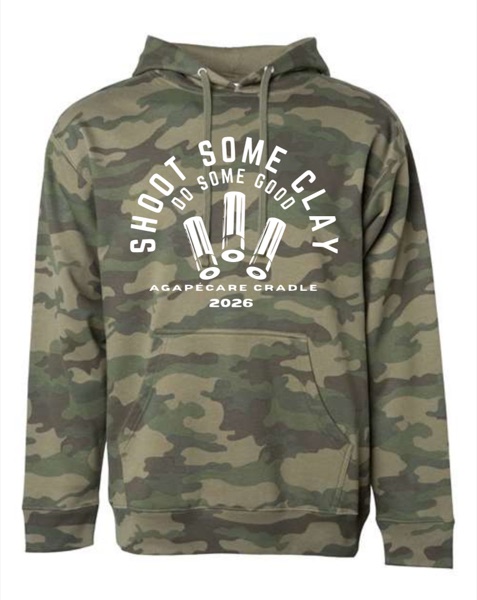 Forest camo pullover hoodie with the 2026 event logo
