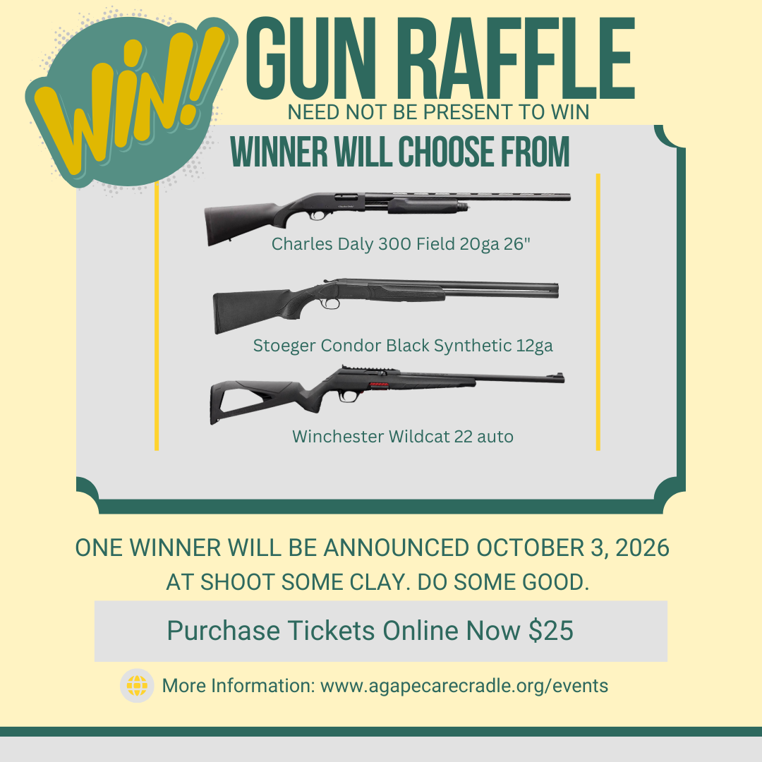 Gun raffle: the winner will choose from a Charles Daly 300 Field 20ga 26", a Stoeger Condor Black Synthetic 12ga, a Winchester Wildcat 22 auto. Need not be present to win. Tickets $25.